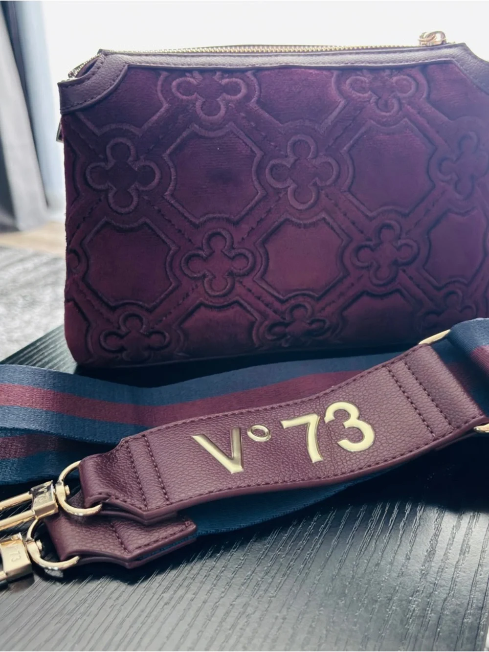 V°73 Italy Burgundy Velvet Crossbody Bag Wide Logo Strap NWT - Picture 2 of 16